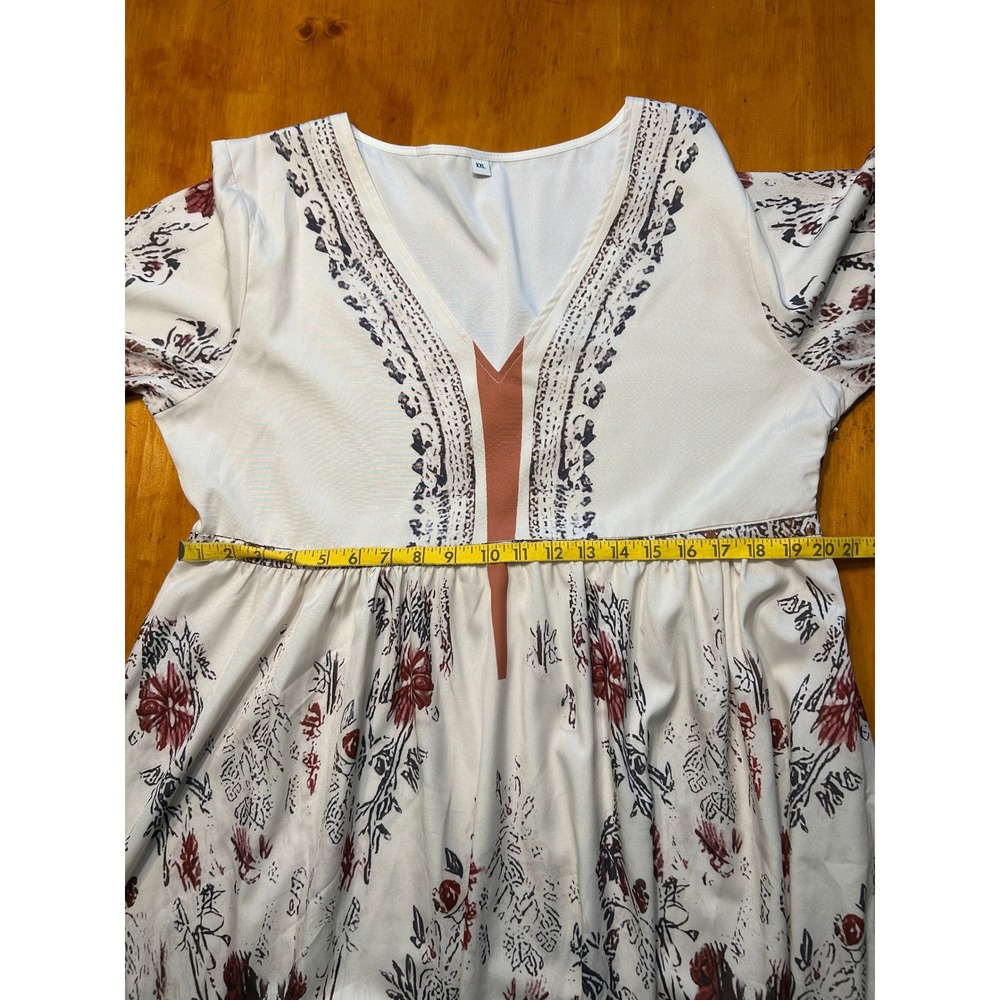 Boho Floral Hi Low Maxi Dress XXL Cream Burgundy Bell Sleeve V-Neck Empire Waist - Picture 6 of 12